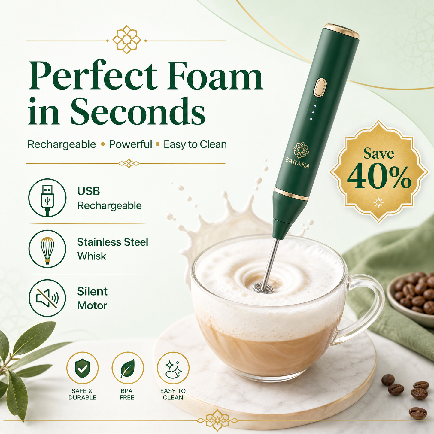 EidGhar Café Frother — USB Rechargeable Coffee Beater